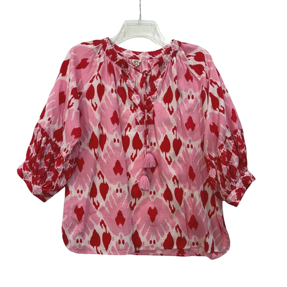 Ivy Jane Pink Red Ikat Heart Print Tassel Tie Peasant Blouse Top Womens Medium